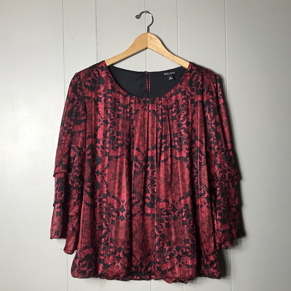 ROZ & ALI RED BLACK BAROQUE PATTERN BLOUSE 3/4 TIERED BELL SLEEVE WOMENS SIZE XL